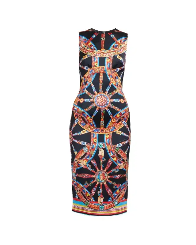 Dolce & Gabbana Sleeveless Carretto-Print Satin Midi Day Dress