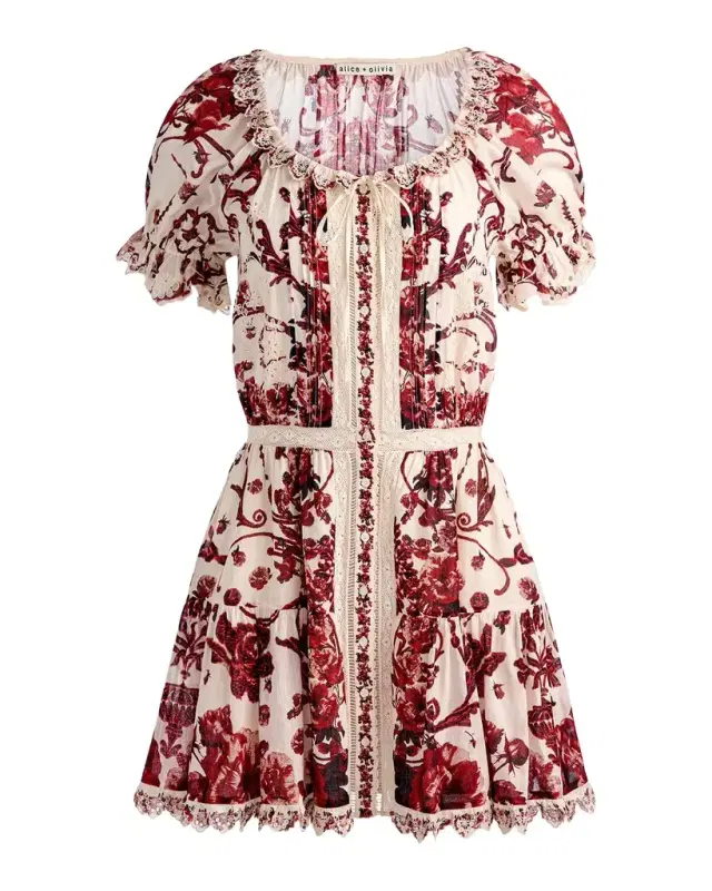 ALICE + OLIVIA McLaine Embroidered Puff-Sleeve Mini Dress