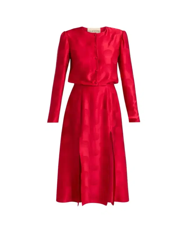 Valentino Garavani Polka-Dot Satin Long-Sleeve Slits Midi Dress