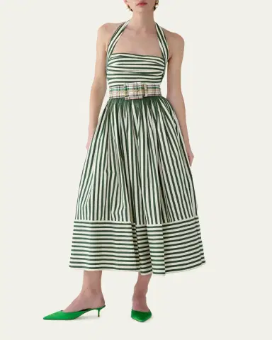 Carolina Herrera Striped Cotton Pleated Halter Midi Dress | Thumbnail 2