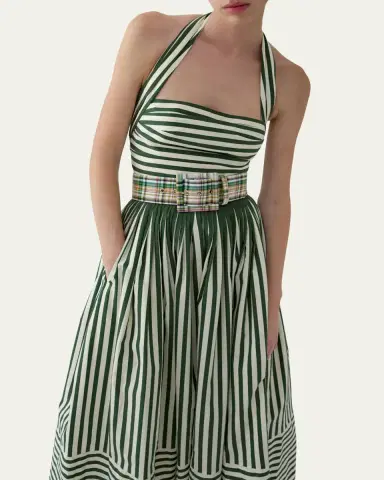 Carolina Herrera Striped Cotton Pleated Halter Midi Dress | Thumbnail 4
