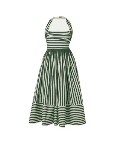 Carolina Herrera Striped Cotton Pleated Halter Midi Dress | Thumbnail 1