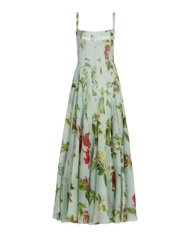 Oscar de la Renta Sleeveless Chine Hibiscus Silk Gazar Trumpet Gown
