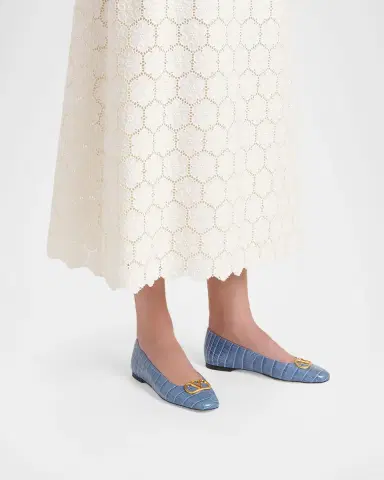 Valentino Garavani VLogo Croc-Embossed Leather Ballerina Flats | Thumbnail 2