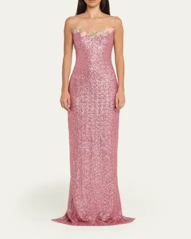 Naeem Khan Illusion Yoke Sequined Floral Applique Sleeveless Gown | Thumbnail 2 Naeem Khan Illusion Yoke Sequined Floral Applique Sleeveless Gown | Thumbnail 2