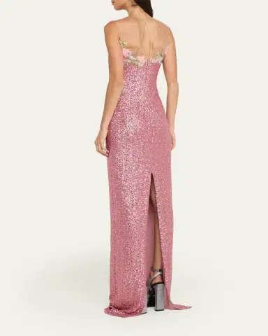 Naeem Khan Illusion Yoke Sequined Floral Applique Sleeveless Gown | Thumbnail 3 Naeem Khan Illusion Yoke Sequined Floral Applique Sleeveless Gown | Thumbnail 3