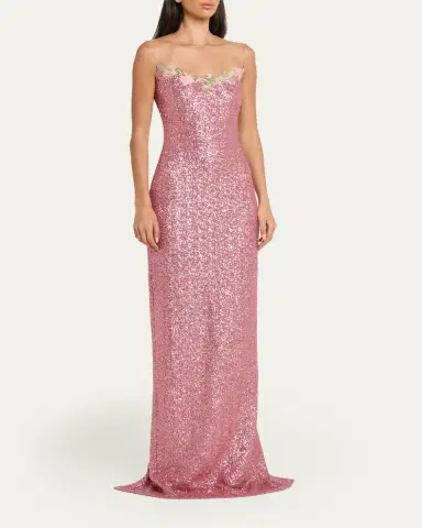 Naeem Khan Illusion Yoke Sequined Floral Applique Sleeveless Gown | Thumbnail 4 Naeem Khan Illusion Yoke Sequined Floral Applique Sleeveless Gown | Thumbnail 4