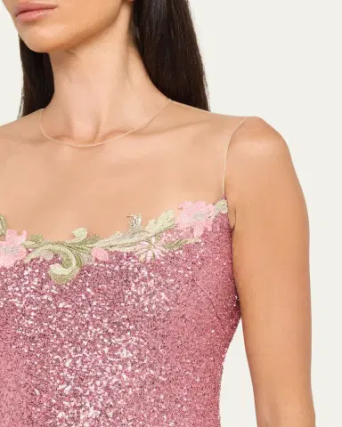Naeem Khan Illusion Yoke Sequined Floral Applique Sleeveless Gown | Thumbnail 5 Naeem Khan Illusion Yoke Sequined Floral Applique Sleeveless Gown | Thumbnail 5
