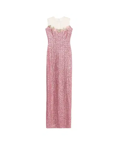 Naeem Khan Illusion Yoke Sequined Floral Applique Sleeveless Gown | Thumbnail 1 Naeem Khan Illusion Yoke Sequined Floral Applique Sleeveless Gown | Thumbnail 1