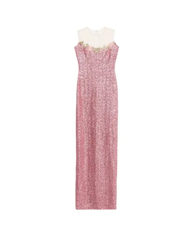 Naeem Khan Illusion Yoke Sequined Floral Applique Sleeveless Gown