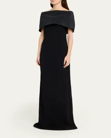 Rickie Freeman for Teri Jon Off-Shoulder Draped Crepe Column Gown | Thumbnail 4