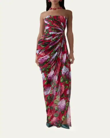 Carolina Herrera Strapless Floral Silk Chiffon Draped Slit Gown | Thumbnail 2