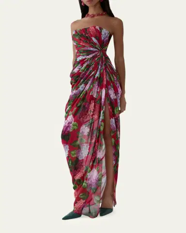 Carolina Herrera Strapless Floral Silk Chiffon Draped Slit Gown | Thumbnail 4