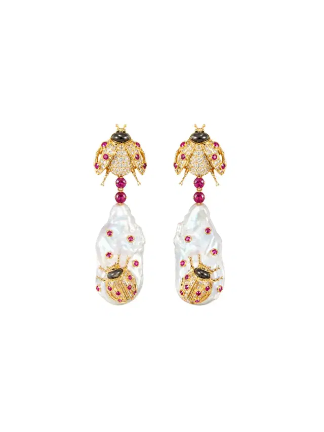 Wish Fine Jewelry 116.23ct Diamond Ruby Baroque Pearl 14K Gold Drop Earrings