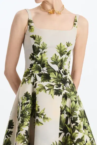 Oscar de la Renta Foliage Sleeveless Flare Midi Dress | Thumbnail 2