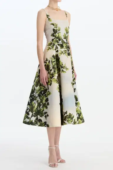 Oscar de la Renta Foliage Sleeveless Flare Midi Dress | Thumbnail 3