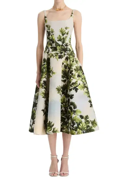 Oscar de la Renta Foliage Sleeveless Flare Midi Dress | Thumbnail 1