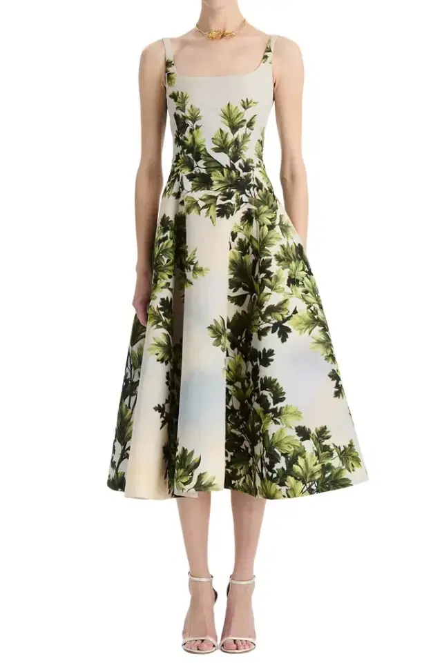 Oscar de la Renta Foliage Sleeveless Flare Midi Dress