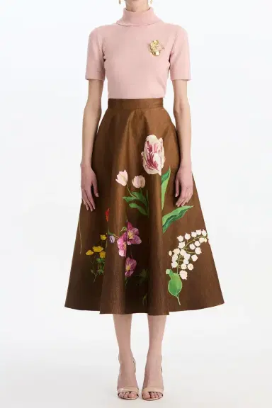 Oscar de la Renta Mixed Botanical Circle Midi Skirt | Thumbnail 2
