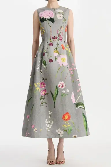 Oscar de la Renta Mixed Botanical Sleeveless Cocktail Dress | Thumbnail 2
