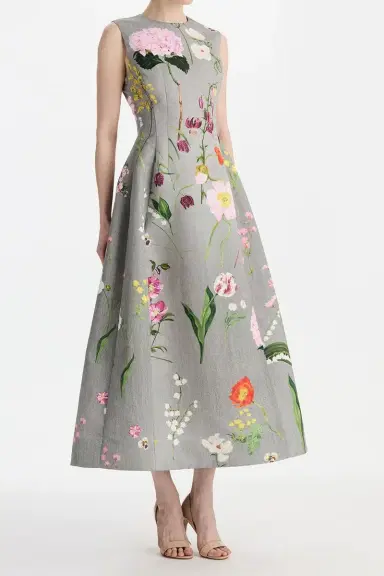 Oscar de la Renta Mixed Botanical Sleeveless Cocktail Dress | Thumbnail 4