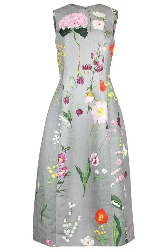 Oscar de la Renta Mixed Botanical Sleeveless Cocktail Dress