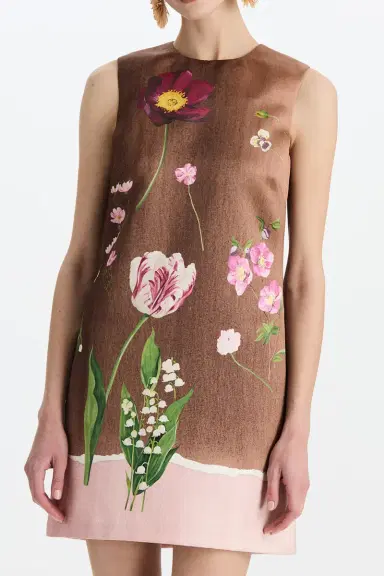 Oscar de la Renta Mixed Botanical Sleeveless Short Dress | Thumbnail 3