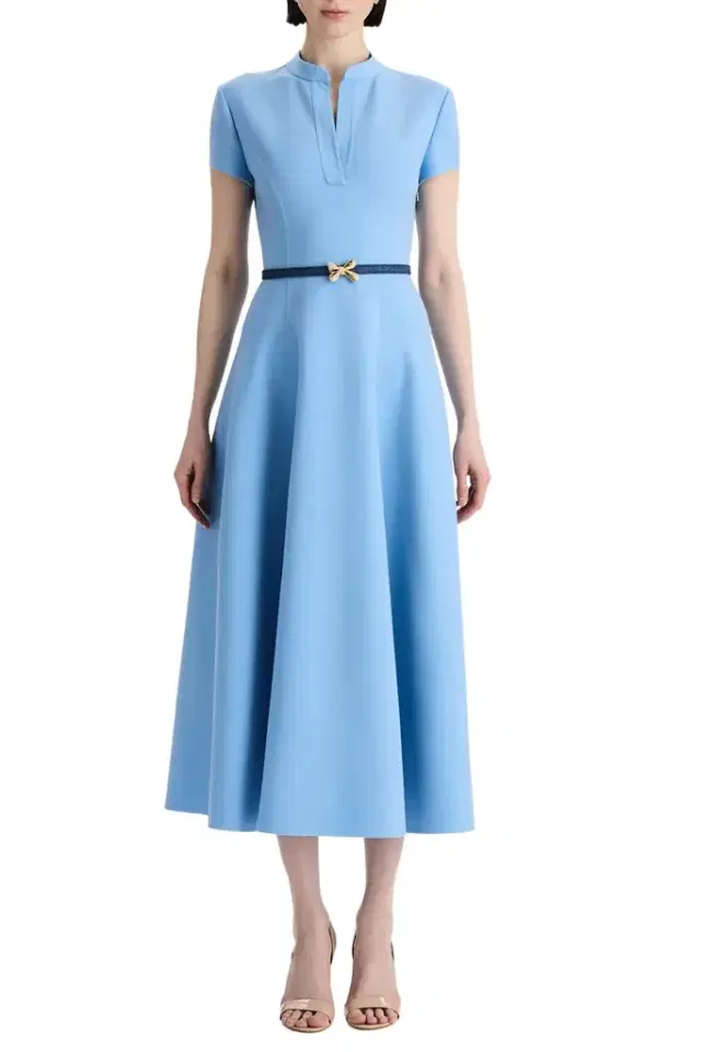 Oscar de la Renta Short Sleeve Flare Midi Stretch Dress