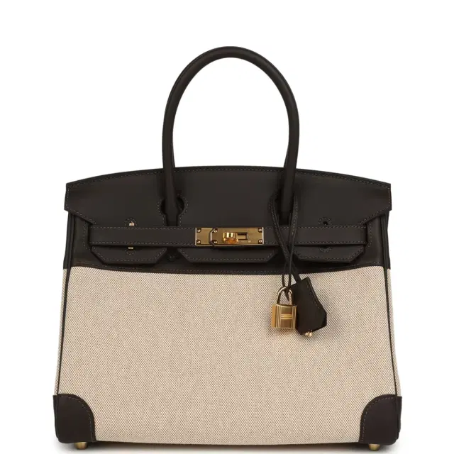 HERMÈS Hermes Birkin 30 Ecru and Beige Toile H Canvas, Bai Brun Swift Gold Hardware
