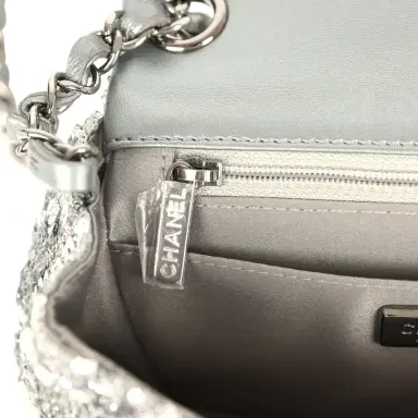 Chanel Pre-owned Chanel Mini Classic Square Flap Bag Metallic Silver Sequins Ruthenium Hardware | Thumbnail 10 Chanel Pre-owned Chanel Mini Classic Square Flap Bag Metallic Silver Sequins Ruthenium Hardware | Thumbnail 10