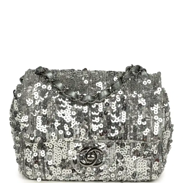 Chanel Pre-owned Chanel Mini Classic Square Flap Bag Metallic Silver Sequins Ruthenium Hardware
