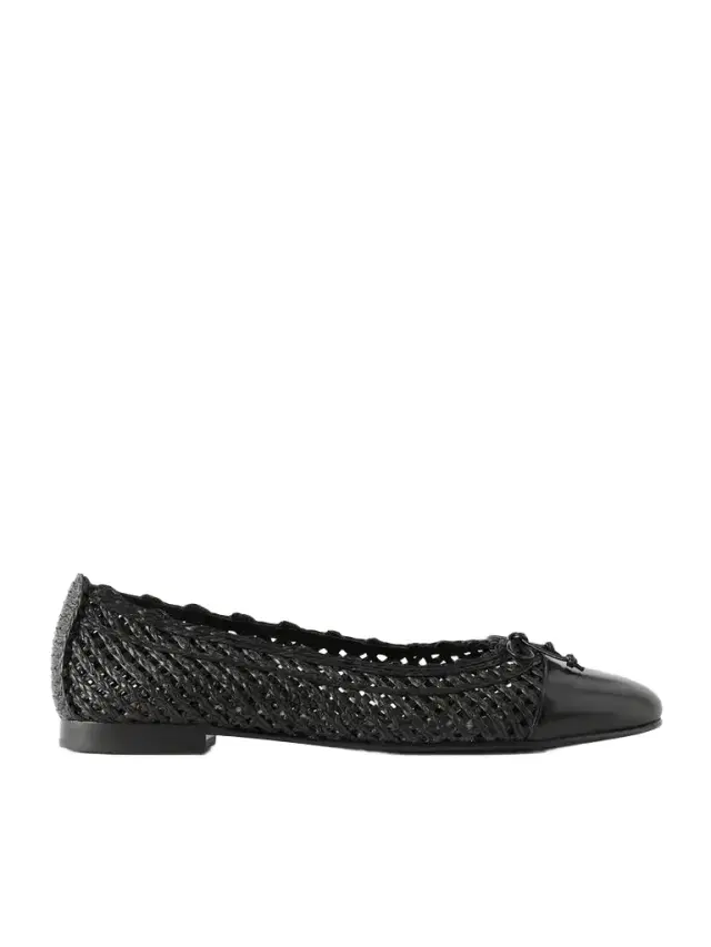 Tory Burch Bow-detail Leather-trimmed Raffia Ballet Flats