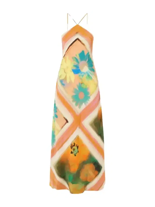 Staud Cubism Striped Floral-print Satin Maxi Dress
