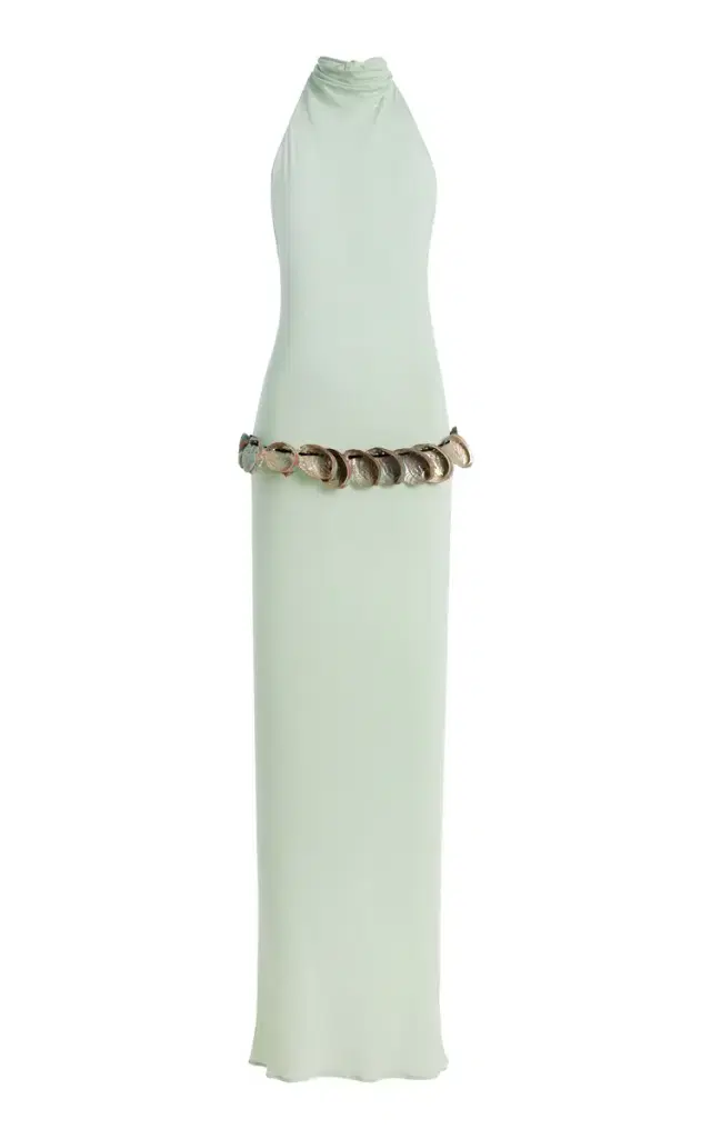 Exclusive Abalone Shell Belted Crepe Maxi Dress