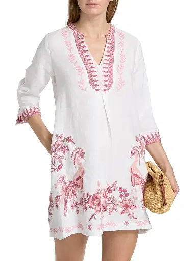 Johnny Was Women's Linen Embroidered V-Neck Minidress - White | Thumbnail 3