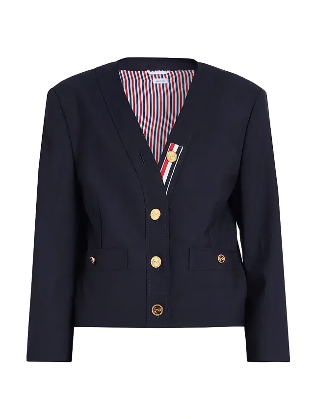 Thom Browne Women's V-Neck Wool Cardigan Jacket - Navy