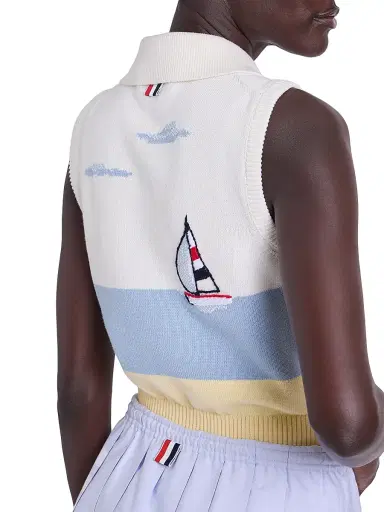 Thom Browne Women's Embroidered Nantucket Intarsia Sleeveless Polo Sweater | Thumbnail 6 Thom Browne Women's Embroidered Nantucket Intarsia Sleeveless Polo Sweater | Thumbnail 6