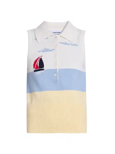 Thom Browne Women's Embroidered Nantucket Intarsia Sleeveless Polo Sweater | Thumbnail 1 Thom Browne Women's Embroidered Nantucket Intarsia Sleeveless Polo Sweater | Thumbnail 1