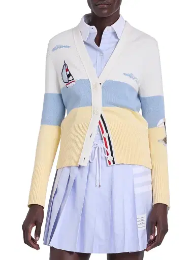 Thom Browne Women's Embroidered Nantucket Scenic Intarsia Cardigan - White - Size 8 | Thumbnail 3