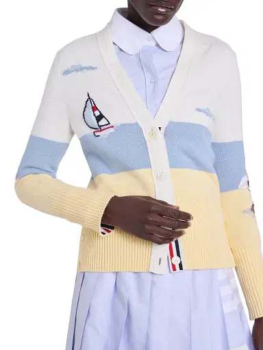 Thom Browne Women's Embroidered Nantucket Scenic Intarsia Cardigan - White - Size 8 | Thumbnail 6