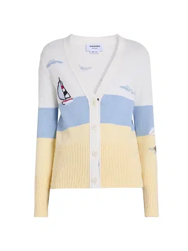 Thom Browne Women's Embroidered Nantucket Scenic Intarsia Cardigan - White - Size 8 | Thumbnail 1