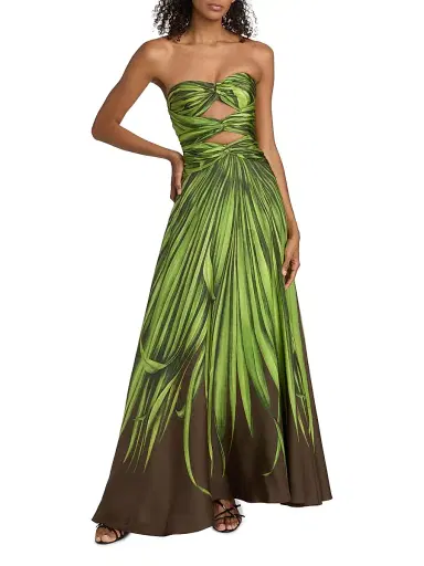 Oscar de la Renta Women's Strapless Palm Print Silk Cut-Out Gown | Thumbnail 2