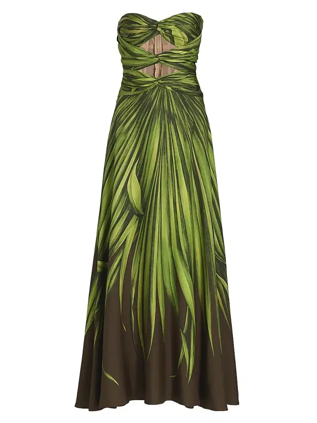 Oscar de la Renta Women's Strapless Palm Print Silk Cut-Out Gown - Green Brown