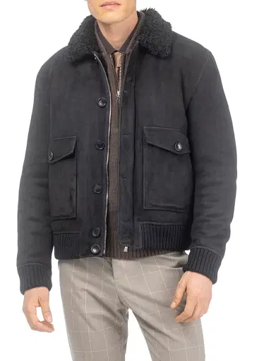 Gorski Men's Suede Shearling Lamb Bomber Jacket - Black | Thumbnail 3