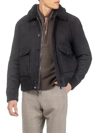 Gorski Men's Suede Shearling Lamb Bomber Jacket - Black | Thumbnail 4