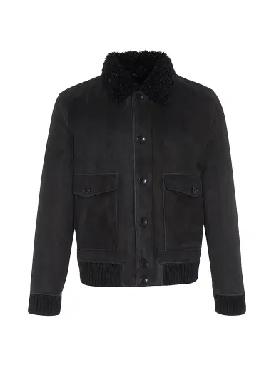 Gorski Men's Suede Shearling Lamb Bomber Jacket - Black | Thumbnail 1