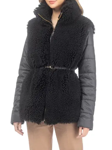 Gorski Women's Curly Shearling Lamb Jacket with Quilted Sleeves and Back, Belt - Black - Size XL | Thumbnail 2