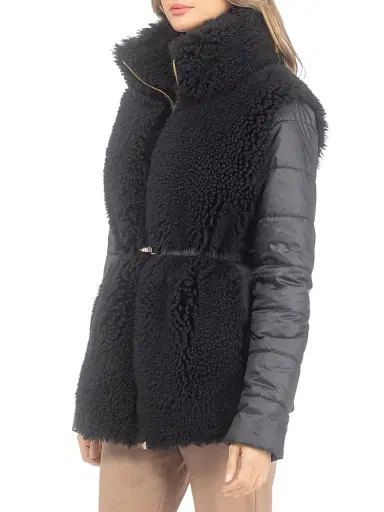 Gorski Women's Curly Shearling Lamb Jacket with Quilted Sleeves and Back, Belt - Black - Size XL | Thumbnail 3