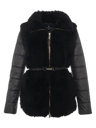 Gorski Women's Curly Shearling Lamb Jacket with Quilted Sleeves and Back, Belt - Black - Size XL | Thumbnail 1