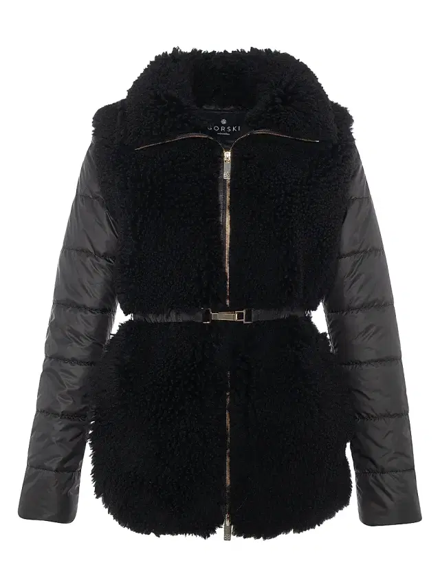 Gorski Women's Curly Shearling Lamb Jacket with Quilted Sleeves and Back, Belt - Black
